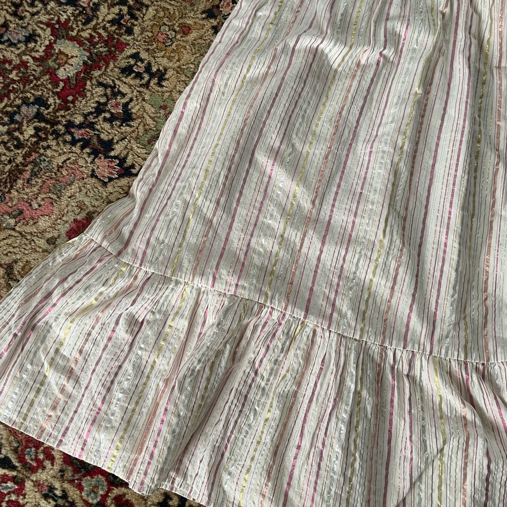 Gently preowned LOFT sundress pinafore lurex stripes ruffle hem 0 - Picture 10 of 10